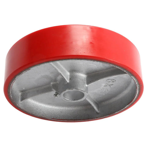 Badass Heavy Duty 8 Inch Industrial Caster Wheel showing red polyurethane tread and silver steel hub, designed for heavy loads.