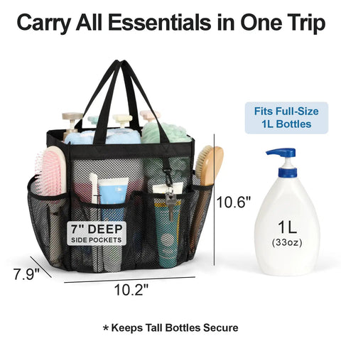 Must Have Portable Shower Caddy For Dorm Life With 8 Pockets S Hook Storage Bag showcasing size and capacity for toiletries.