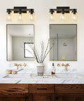Rustic Farmhouse Vanity Light Fixture Over Mirror Three Light Industrial Matte Black Wall Sconces With Wood Accents And Clear Glass Shades