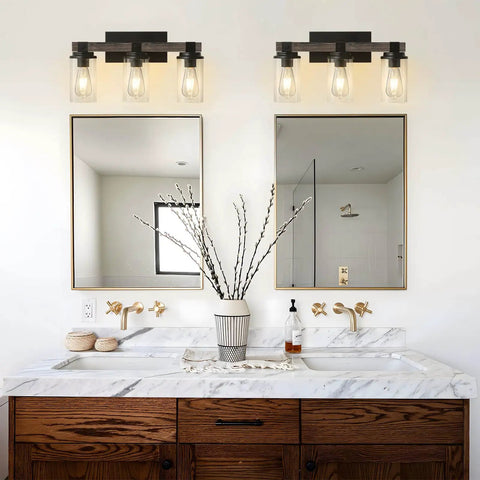 Rustic Farmhouse Vanity Light Fixture Over Mirror Three Light Industrial Matte Black Wall Sconces With Wood Accents And Clear Glass Shades