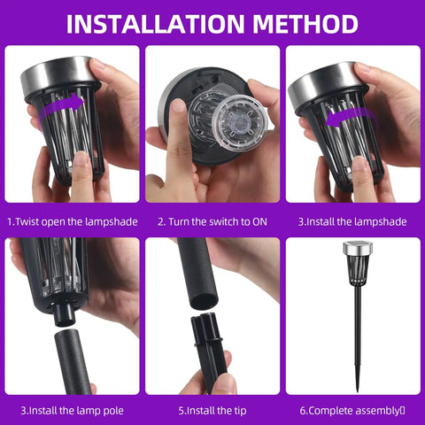 Solar Powered Bug Zapper Outdoor 4 Pack installation steps for Yard Garden Patio IP65 Waterproof with Auto On Off