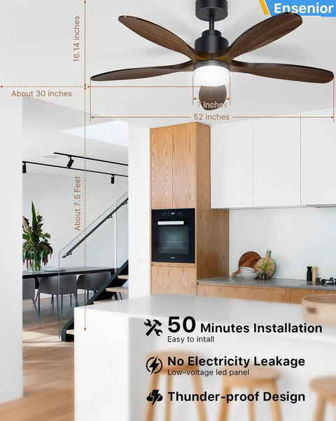 Modern kitchen interior with 52 Inch Ceiling Fan With Remote And Light, Five CCT Options, Dimmable LED, wooden blades, black finish