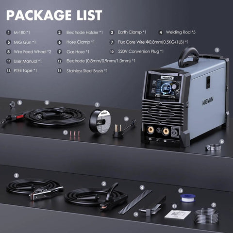 Image of the 180 Amp All In One MIG Welder With Dual Voltage 110V 220V For Gas And Gasless Flux Core Welds Lift TIG Stick And Spool Gun 5 In 1 Portable Welding Machine With 2T 4T Modes For DIYers Beginners And Pros, showing the package components including the welder unit, cables, clamps, and accessories.