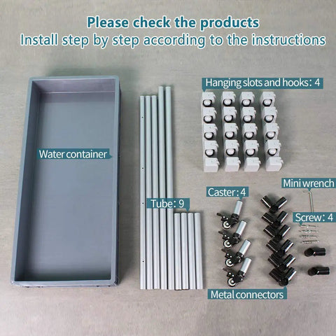 Parts layout for Rolling Cleaning Cart For Broom And Mop Storage With Drain Tray, showing tubes, hooks, casters, and connectors.