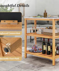 Wooden sideboard showcasing marble look countertop, acacia wood with storage space, bottles, and detailed reinforced connection.