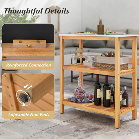 Wooden sideboard showcasing marble look countertop, acacia wood with storage space, bottles, and detailed reinforced connection.