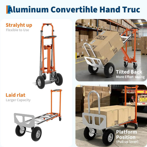 All In One 4 In 1 Convertible Aluminum Hand Truck With 1000 LB Capacity in straight, tilted, and platform positions