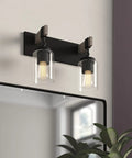 Dope Matte Black Two Light Vanity Light Fixture With Clear Seedy Glass Shades for Bathroom or Bedroom, mounted above mirror