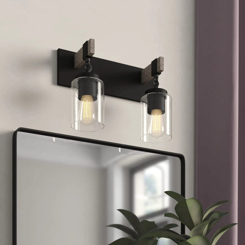 Dope Matte Black Two Light Vanity Light Fixture With Clear Seedy Glass Shades for Bathroom or Bedroom, mounted above mirror