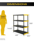 4-Tier Heavy Duty Plastic Garage Storage Shelves For No-Fuss Organization And Space Saving, Rugged Multi Shelf Rack To Tidy Tools, Gear, And Containers, Easy Assembly, Ideal For Workshop Or Home Garage. Dimensions shown, 55" tall