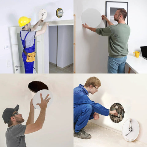 Men installing Quick Swap Ceiling Access Panel, Adjustable Six To Ten Inch Opening, Slick Drywall Hole Cover for plumbing and electrical use.