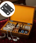 Open jewelry box with Mini Stainless Steel Hinge Set For Dyb Crafts, 14 Small Butt Hinges and 60 Screws, brushed black finish shown inset.