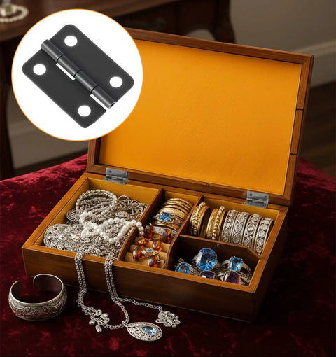 Open jewelry box with Mini Stainless Steel Hinge Set For Dyb Crafts, 14 Small Butt Hinges and 60 Screws, brushed black finish shown inset.