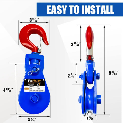 Snatch Block With Hook For Tow Truck Use, 2 Ton Capacity, 3/8 Inch Wire Rope, 3 Inch Pulley, Heavy Duty Pulley System With Drop-Side Design For Safe, Fast Hookups And Effortless Heavy Lifting. Front and side views with dimensions