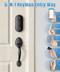 Smart Front Door Lock Set With Fingerprint Keyless Entry showing 5-IN-1 access methods including fingerprint, app, and card.