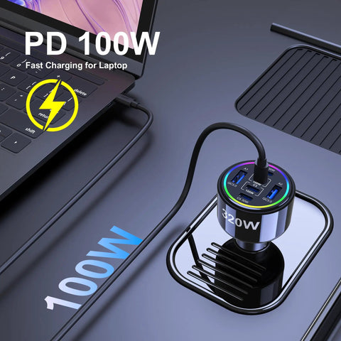 Heavy Hitter 320W USB Type C Car Charger Six Port PD Fast Charge Adapter connected to laptop for rapid charging.