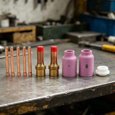 Ultimate 10 Piece Tig Gas Lens Kit For Wp 17 18 And 26 Welding Torch showing copper collets and purple nozzles on a workbench.