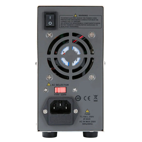Rear view of Variable DC Power Supply For Bench Use With 32V 6A Output OVP OCP OTP Protection showing fan and AC selector