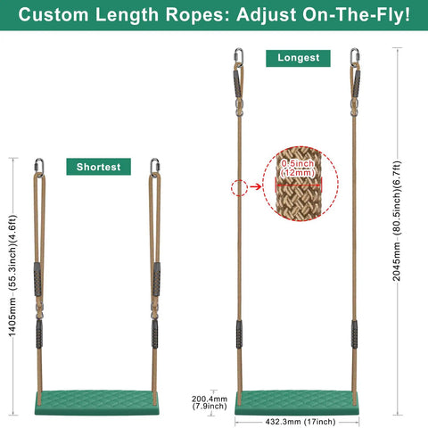Heavy Duty Swing Seat With Adjustable Rope For Tree Swing, 300 Lb Capacity, Non Slip Plastic Swing Chair, Green shown with length options.