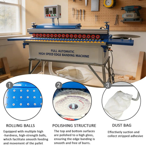 No Hassle Automatic Edge Banding Machine Heavy Duty Workhorse For Straight And Curved Boards Smart Control Dual Side Trimmer in a workshop setting.