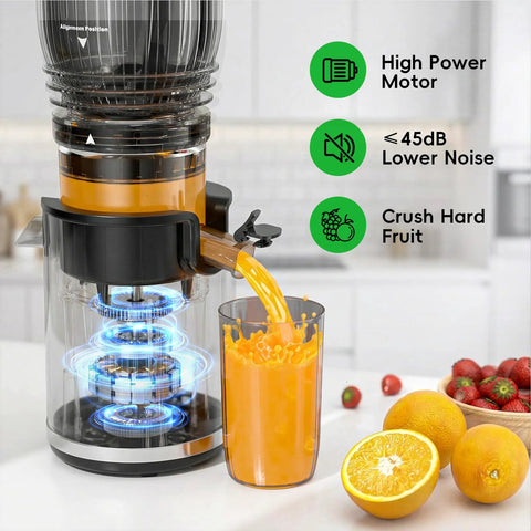 Amazon cold-press juicer with black and clear housing, 5.8-inch feed chute, pouring orange juice into a glass.