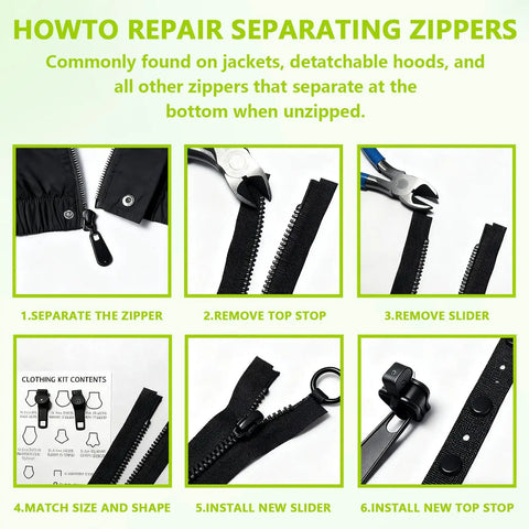 Step-by-step guide showing how to repair separating zippers using a 24 Piece Universal Zipper Repair Kit With Four Sizes Double Sided Sliders And Pull Tabs For Backpacks Jackets Coats Tents Luggage And Bags Black Durable Resin Construction