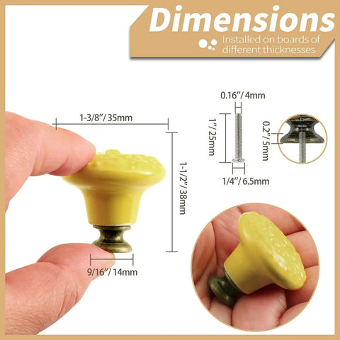 Hand holding a buttercup yellow ceramic cabinet knob, 1-3/8" diameter with embossed floral design, part of 10 pack for easy upgrade.