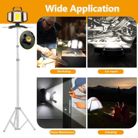 30W Rechargeable LED Work Light With 3000 Lumens shown in various applications including workshop, car repair, house maintenance, and camping.