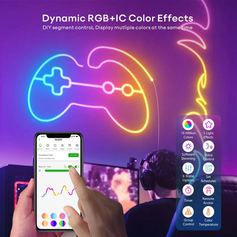 Neon Rope Lights 10ft RGBIC LED Strip With Music Sync forming game controller shape, shown with smartphone app control interface
