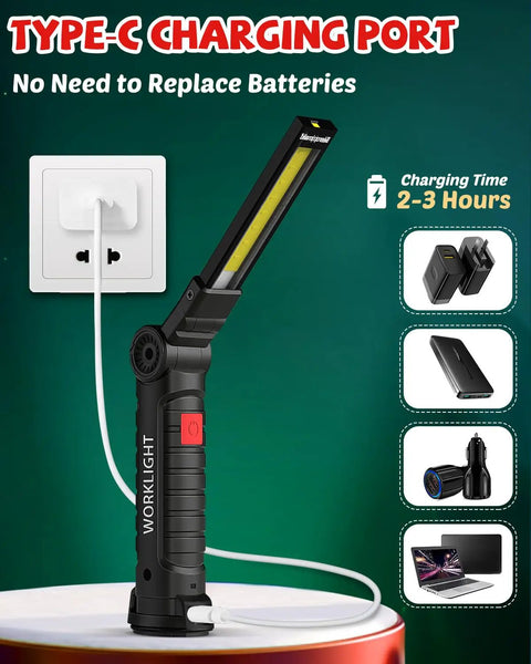 Rechargeable LED Work Light For Men With Magnetic Base And 360 Degree Rotating Mechanic Flashlight Two Pack Black charging via USB-C