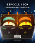 No Fuss 4 Spool Filament Dryer Box With Auto Humidity Control for 3D printer filament, showing four spools inside the dryer.
