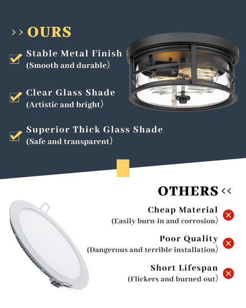 Comparison of Two Light Matte Black Flush Mount Ceiling Fixture With Clear Glass Shade and inferior product