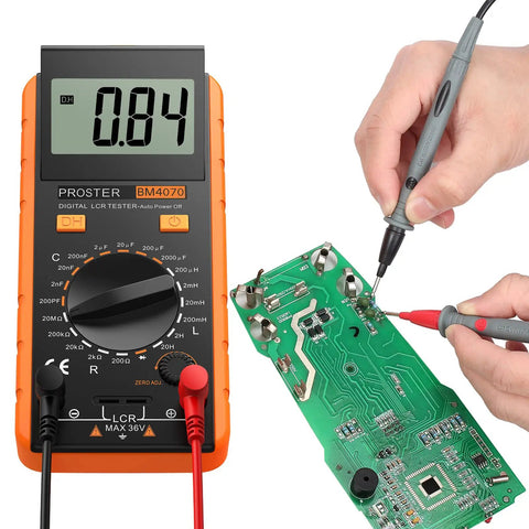 High Accuracy LCR Meter Digital Multimeter For Capacitance Resistance And Inductance With LCD Over Range Display in use with circuit board