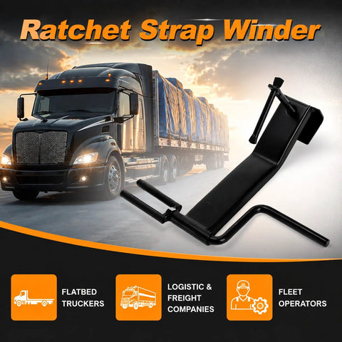 Heavy Duty Cargo Tie Down Strap Winder for Roll Up Flatbed Winch Straps Up To 4 Inches, Black Powder Coated Steel Hand Winder Tool For Trailers, Trucks, Vans, Warehouses And Docks, Built To Last And Easy Roll, shown with truck
