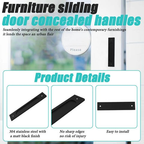 Two Pack Invisible Rectangular Recessed Drawer Pulls For Cabinets And Closets Pocket Sliding Closet Door Handle Finger Hidden Flush Hardware Matte Black 5.9 Inch Length 4.7 Inch Center Hole Spacing Includes Screws shown in product use and details view