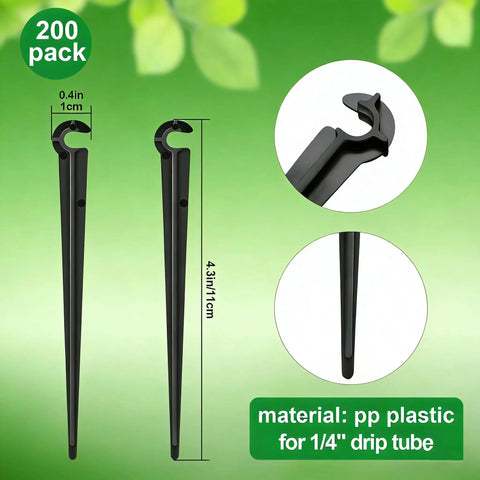 200 Pieces Drip Irrigation Support Stakes And Tubing Hose Holder For One Quarter Inch Tubing, Durable Black Garden Stakes