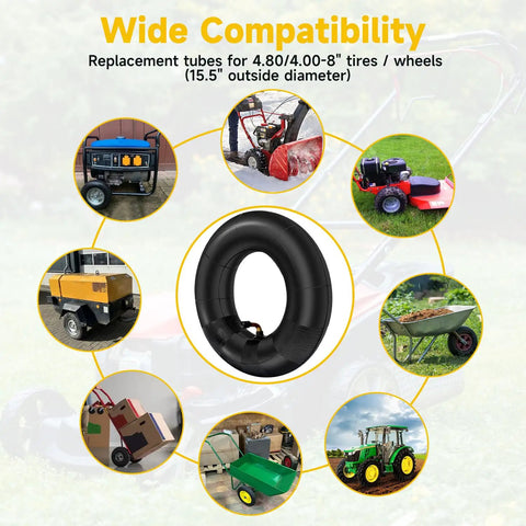 Beefed-Up 4.80-8 Inner Tube Replacement display showing compatibility with lawn mowers, wheelbarrows, and more tools.