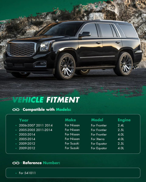 Vehicle fitment chart for Two Piece Rear Wheel Hub Bearing Kit For Nissan Frontier Xterra Suzuki Equator 2005 To 2014 2.4L 2.5L 4.0L Right Side Replacement Durable High Grade Pro Grade with SUV in background.