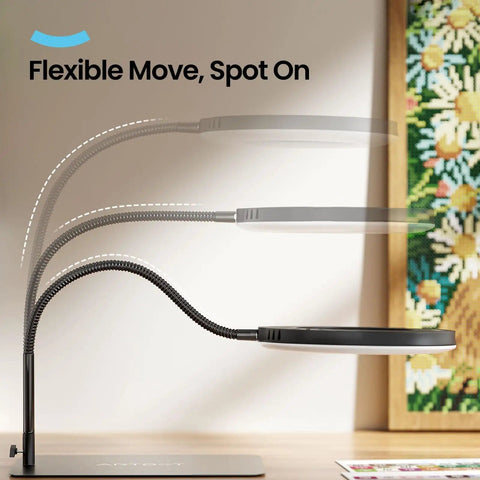 Adjustable 10X Magnifying Glass With Light And Stand, 144 LED Desk Lamp, shown flexibly angled for crafts and reading.