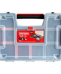 Front view of Three Pack Small Parts Organizer With Ten Compartments And Removable Dividers, Secure Latch Lids For Sturdy Stacking