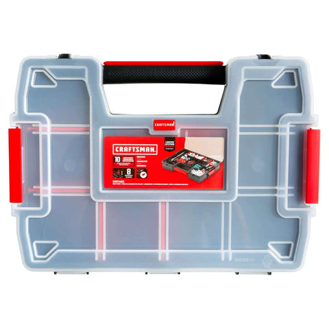 Front view of Three Pack Small Parts Organizer With Ten Compartments And Removable Dividers, Secure Latch Lids For Sturdy Stacking