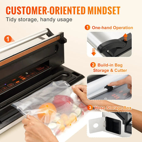 Beast Mode Dual Pump Vacuum Sealer With Dual Sealing Strips And 95KPa 350W Power showing one-hand operation and cutter