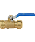 Side view of a Pack Of 2 1/2 Inch Push Fit Full Port Ball Valve with blue handle, lead-free brass, for hot and cold water pipes.