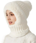White Cozy Fleece Lined Double Layer Balaclava Beanie Set With Pompom Winter Ski Snow Hat And Circle Scarf Face Mask And Neck Gaiter