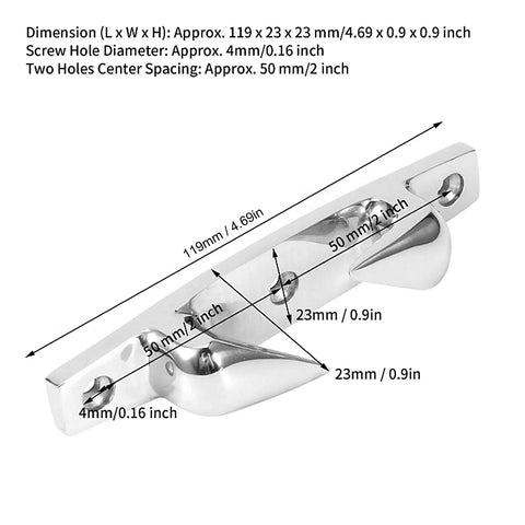 Diagram of Two Pack 316 Stainless Steel Mooring Cleats 4.69 Inch Left Right Design for marine use showing dimensions.