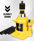 Yellow Jacket 20-ton low-profile bottle jack with welded hydraulic system and three black handle tubes.