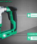 Close-up of handle and trigger switch on SDS Plus Rotary Hammer Drill Kit With 11 Pc Accessories, featuring control details.