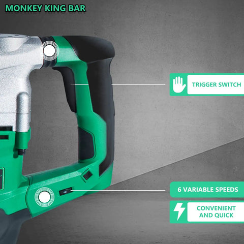 Close-up of handle and trigger switch on SDS Plus Rotary Hammer Drill Kit With 11 Pc Accessories, featuring control details.
