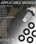 M12x1.75 Oil Drain Plug Kit With 5 Gasket Set, Zinc Coated Iron Oil Pan Bolt for GMC Chevrolet Ford, with compatibility list.
