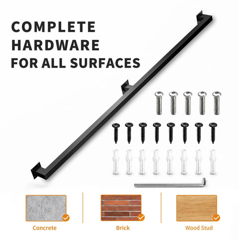 Hella Sturdy Indoor Stair Handrail 9 FT Modern Wrought Iron Railing with mounting hardware for various surfaces.